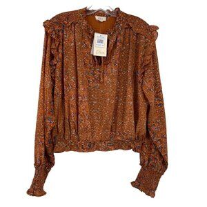 New Elan Metallic‎ Floral Print Ruffle Blouse Rust Copper Women's Large Boho